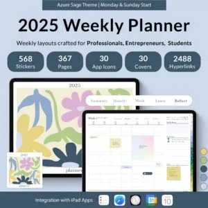 2025 Digital Weekly Planner, Monthly Planner, Horizontal, Azure Sage