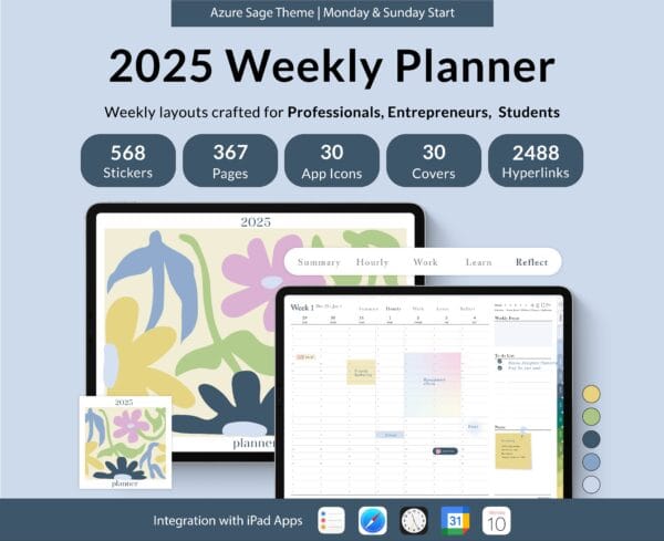 2025 Monthly Weekly Digital Planner, Horizontal, Azure Sage