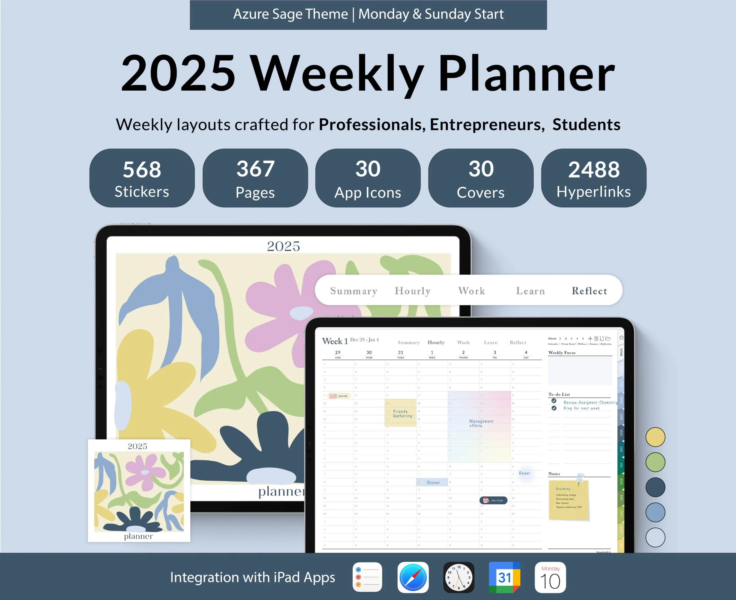 2025 Digital Weekly Planner, Monthly Planner, Horizontal, Azure Sage