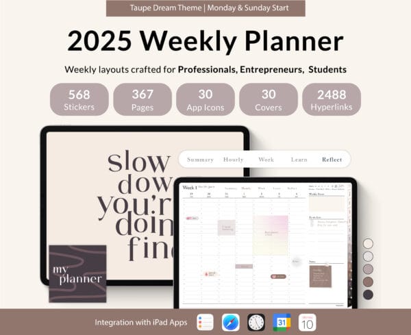 2025 Digital Weekly Planner, Monthly Planner, Horizontal, Taupe Dream